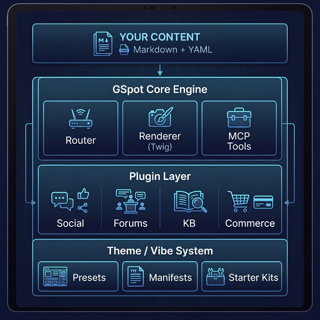 GSpot CMS Architecture — Content → Core Engine → Plugin Layer → Theme System